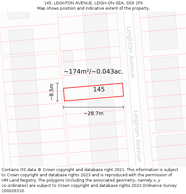 145, LEIGHTON AVENUE, LEIGH-ON-SEA, SS9 1PX: Plot and title map