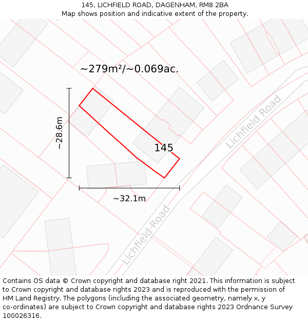 145, LICHFIELD ROAD, DAGENHAM, RM8 2BA: Plot and title map