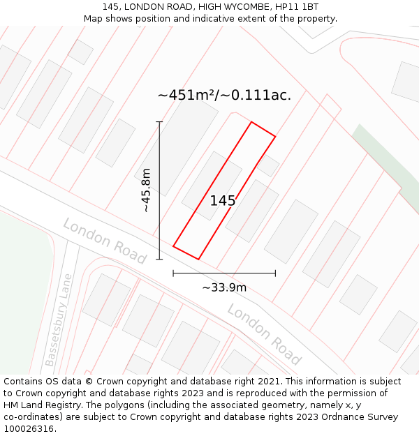 145, LONDON ROAD, HIGH WYCOMBE, HP11 1BT: Plot and title map