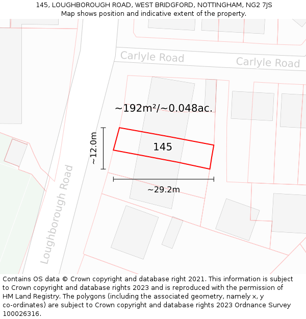 145, LOUGHBOROUGH ROAD, WEST BRIDGFORD, NOTTINGHAM, NG2 7JS: Plot and title map