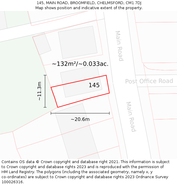 145, MAIN ROAD, BROOMFIELD, CHELMSFORD, CM1 7DJ: Plot and title map