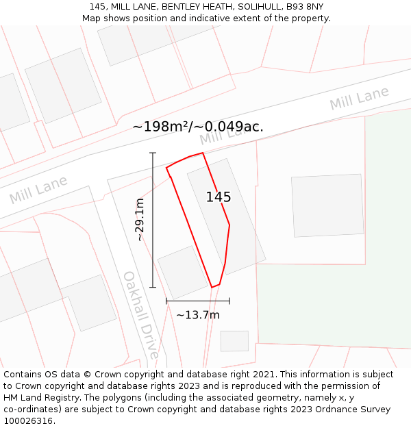 145, MILL LANE, BENTLEY HEATH, SOLIHULL, B93 8NY: Plot and title map