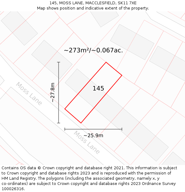 145, MOSS LANE, MACCLESFIELD, SK11 7XE: Plot and title map