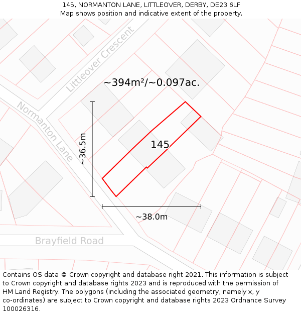 145, NORMANTON LANE, LITTLEOVER, DERBY, DE23 6LF: Plot and title map