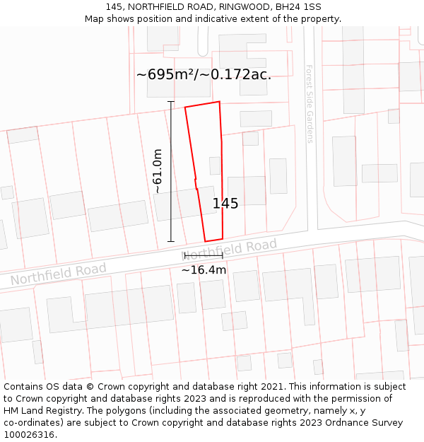 145, NORTHFIELD ROAD, RINGWOOD, BH24 1SS: Plot and title map