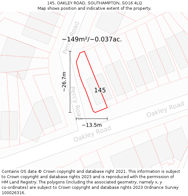 145, OAKLEY ROAD, SOUTHAMPTON, SO16 4LQ: Plot and title map