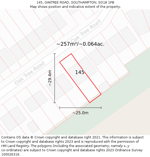 145, OAKTREE ROAD, SOUTHAMPTON, SO18 1PB: Plot and title map