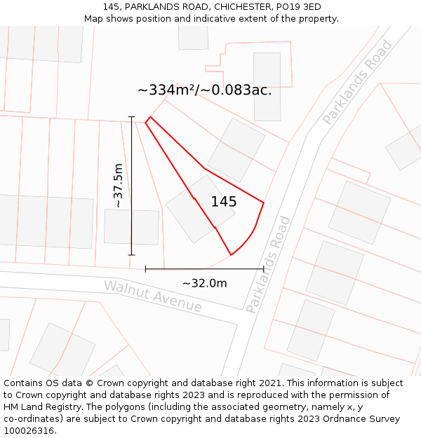 145, PARKLANDS ROAD, CHICHESTER, PO19 3ED: Plot and title map