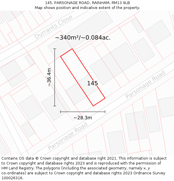 145, PARSONAGE ROAD, RAINHAM, RM13 9LB: Plot and title map