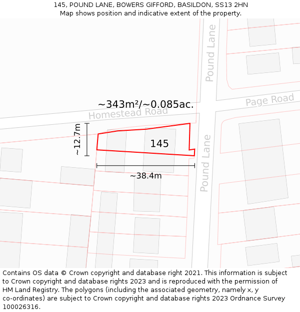 145, POUND LANE, BOWERS GIFFORD, BASILDON, SS13 2HN: Plot and title map