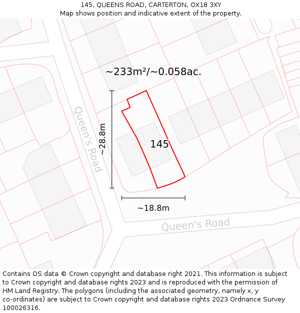 145, QUEENS ROAD, CARTERTON, OX18 3XY: Plot and title map