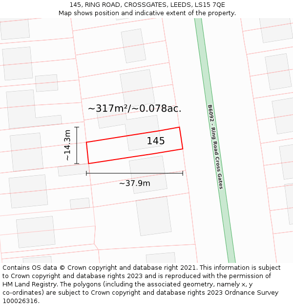 145, RING ROAD, CROSSGATES, LEEDS, LS15 7QE: Plot and title map