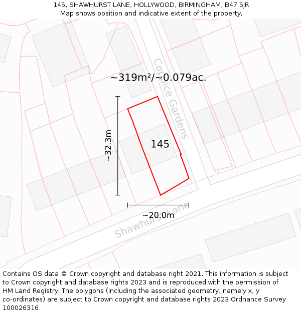 145, SHAWHURST LANE, HOLLYWOOD, BIRMINGHAM, B47 5JR: Plot and title map