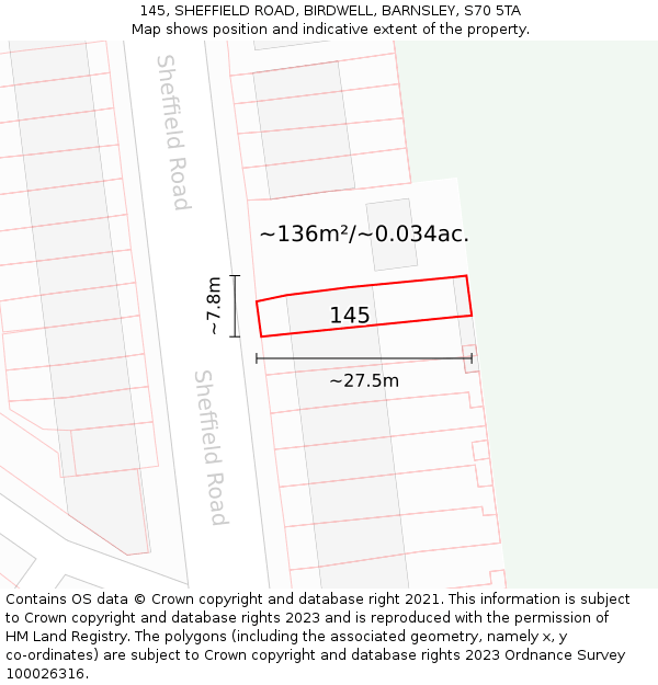 145, SHEFFIELD ROAD, BIRDWELL, BARNSLEY, S70 5TA: Plot and title map