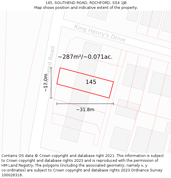 145, SOUTHEND ROAD, ROCHFORD, SS4 1JB: Plot and title map