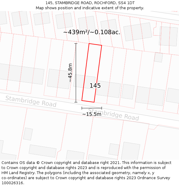 145, STAMBRIDGE ROAD, ROCHFORD, SS4 1DT: Plot and title map