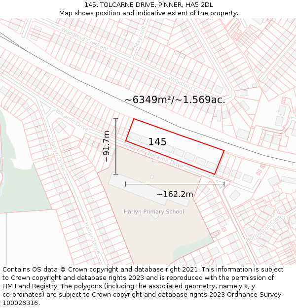 145, TOLCARNE DRIVE, PINNER, HA5 2DL: Plot and title map
