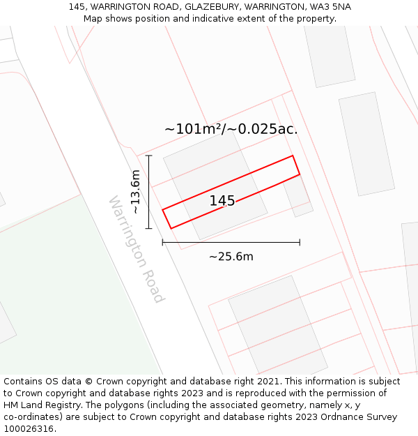 145, WARRINGTON ROAD, GLAZEBURY, WARRINGTON, WA3 5NA: Plot and title map