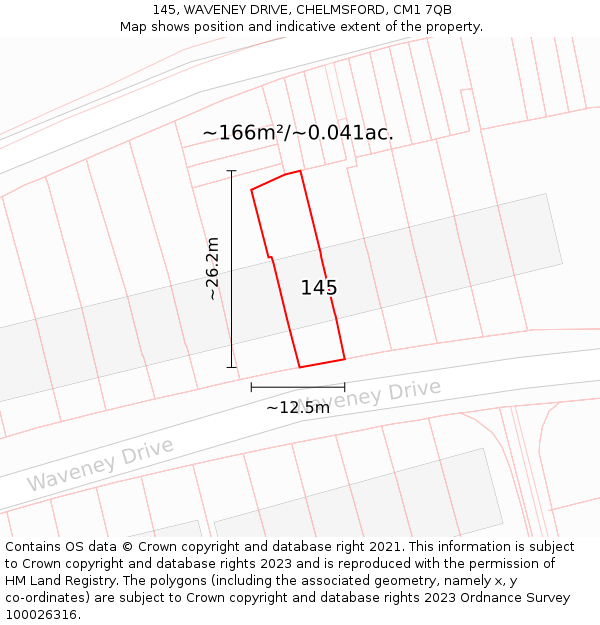 145, WAVENEY DRIVE, CHELMSFORD, CM1 7QB: Plot and title map