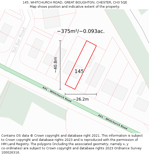 145, WHITCHURCH ROAD, GREAT BOUGHTON, CHESTER, CH3 5QE: Plot and title map