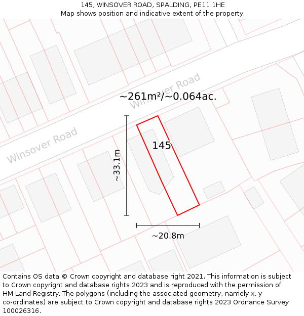 145, WINSOVER ROAD, SPALDING, PE11 1HE: Plot and title map