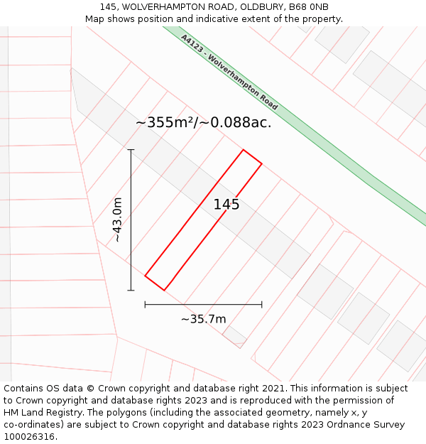 145, WOLVERHAMPTON ROAD, OLDBURY, B68 0NB: Plot and title map