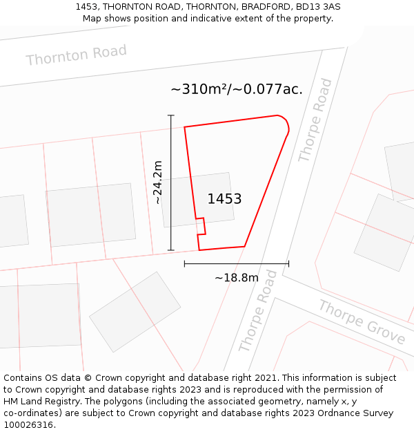 1453, THORNTON ROAD, THORNTON, BRADFORD, BD13 3AS: Plot and title map