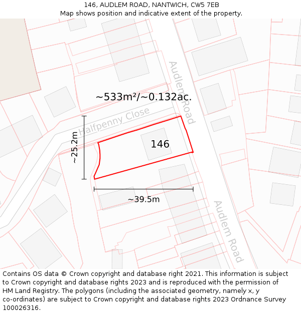 146, AUDLEM ROAD, NANTWICH, CW5 7EB: Plot and title map