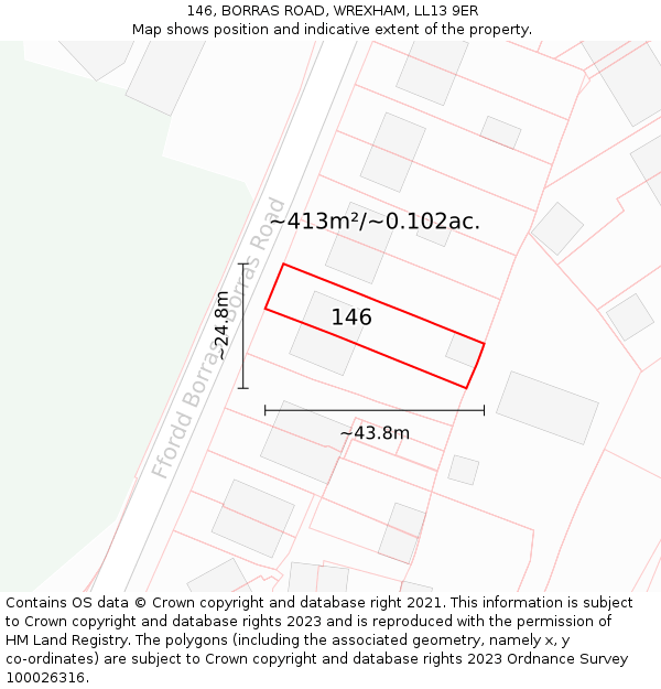 146, BORRAS ROAD, WREXHAM, LL13 9ER: Plot and title map