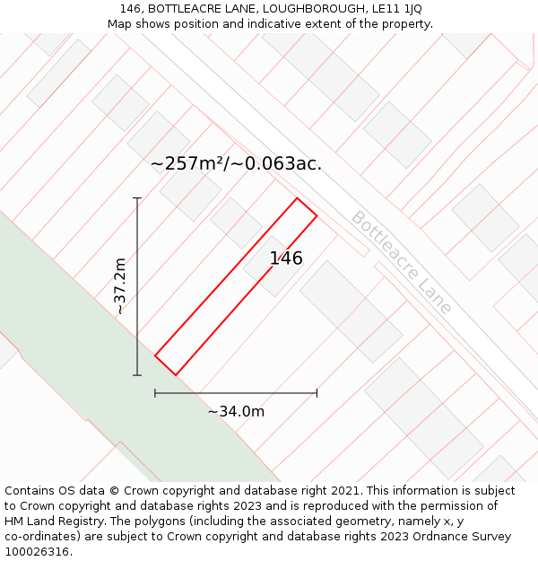 146, BOTTLEACRE LANE, LOUGHBOROUGH, LE11 1JQ: Plot and title map