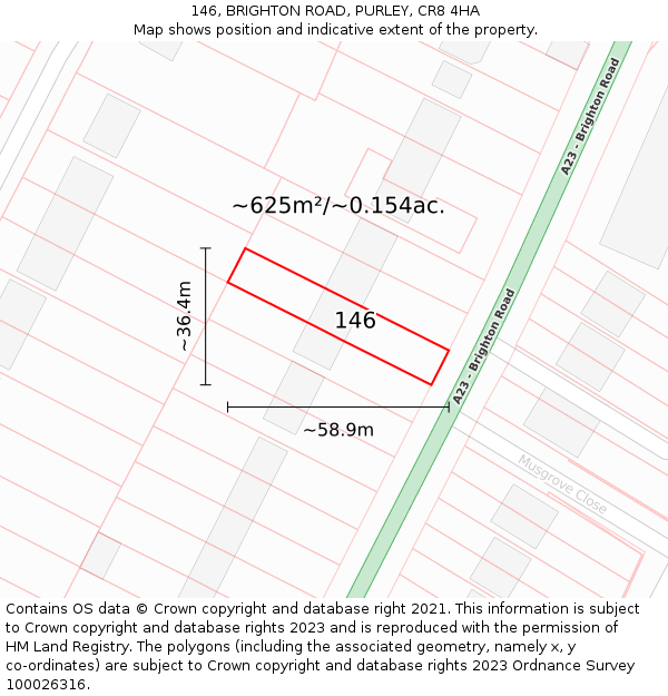 146, BRIGHTON ROAD, PURLEY, CR8 4HA: Plot and title map