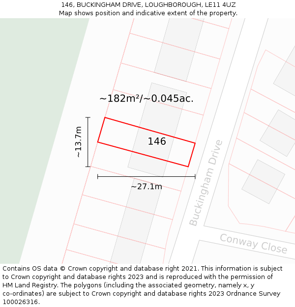 146, BUCKINGHAM DRIVE, LOUGHBOROUGH, LE11 4UZ: Plot and title map