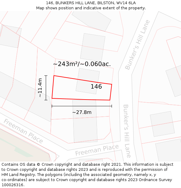 146, BUNKERS HILL LANE, BILSTON, WV14 6LA: Plot and title map