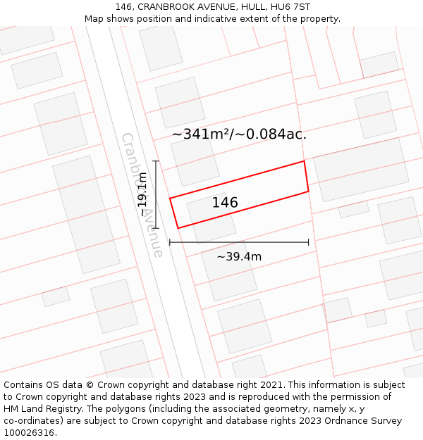 146, CRANBROOK AVENUE, HULL, HU6 7ST: Plot and title map