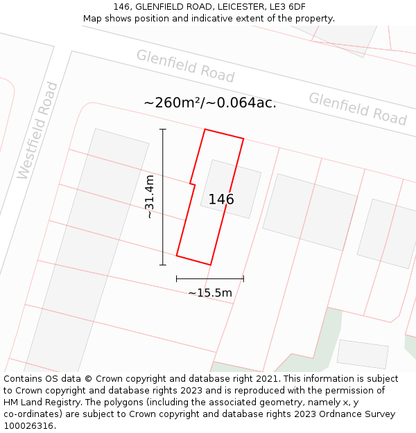 146, GLENFIELD ROAD, LEICESTER, LE3 6DF: Plot and title map