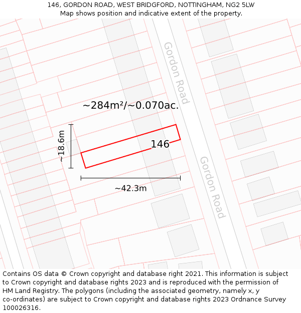 146, GORDON ROAD, WEST BRIDGFORD, NOTTINGHAM, NG2 5LW: Plot and title map