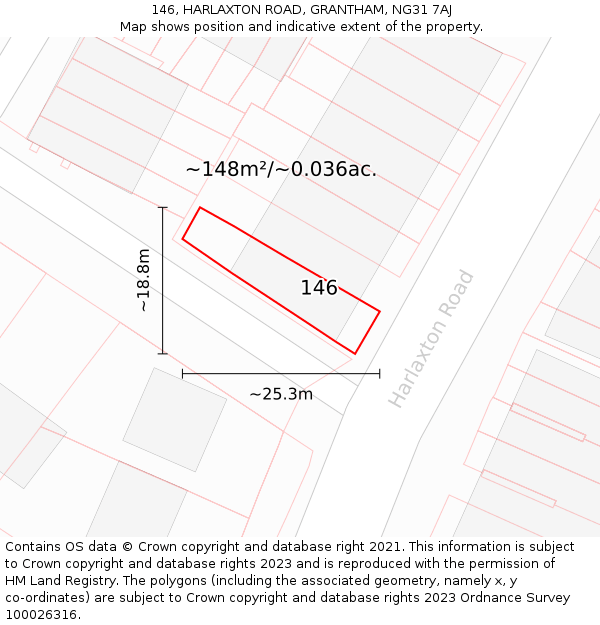 146, HARLAXTON ROAD, GRANTHAM, NG31 7AJ: Plot and title map