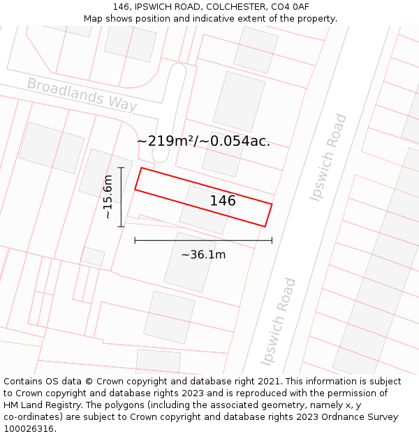 146, IPSWICH ROAD, COLCHESTER, CO4 0AF: Plot and title map