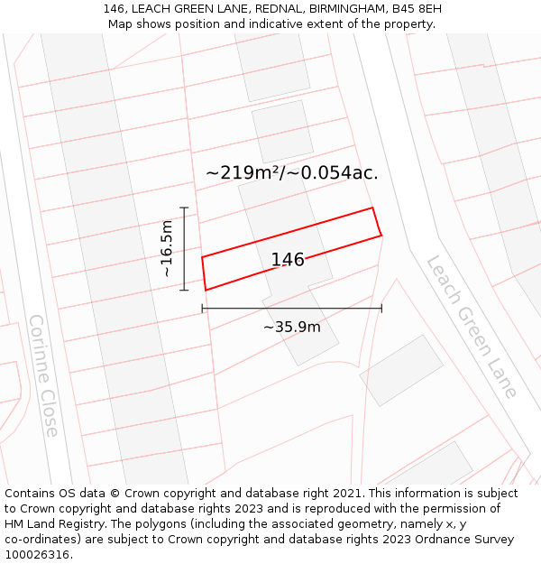 146, LEACH GREEN LANE, REDNAL, BIRMINGHAM, B45 8EH: Plot and title map