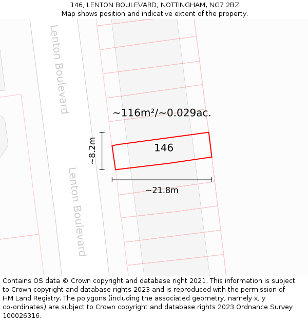 146, LENTON BOULEVARD, NOTTINGHAM, NG7 2BZ: Plot and title map