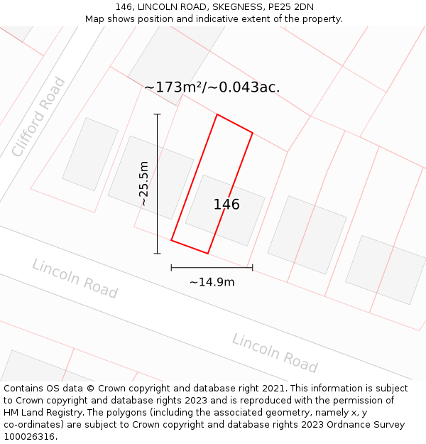 146, LINCOLN ROAD, SKEGNESS, PE25 2DN: Plot and title map