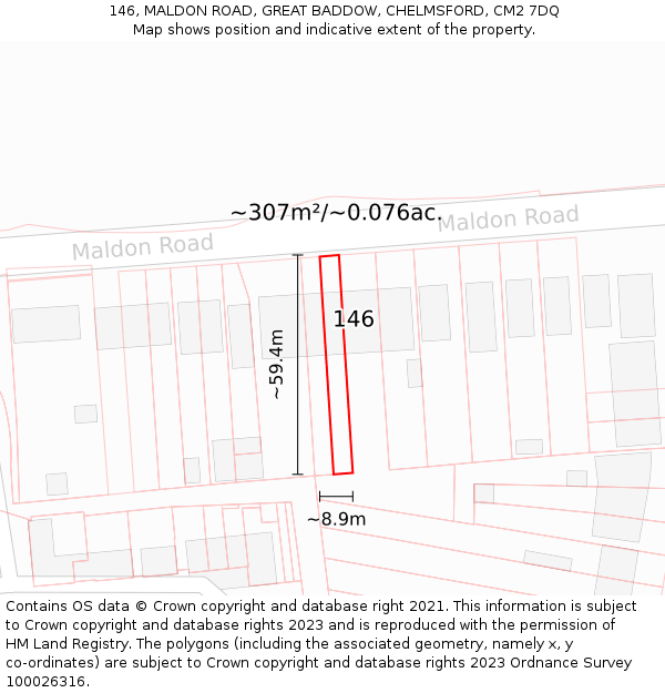 146, MALDON ROAD, GREAT BADDOW, CHELMSFORD, CM2 7DQ: Plot and title map