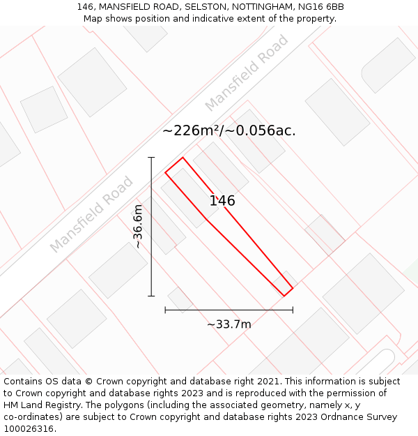 146, MANSFIELD ROAD, SELSTON, NOTTINGHAM, NG16 6BB: Plot and title map