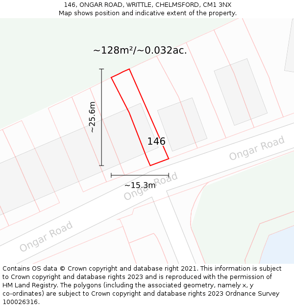 146, ONGAR ROAD, WRITTLE, CHELMSFORD, CM1 3NX: Plot and title map