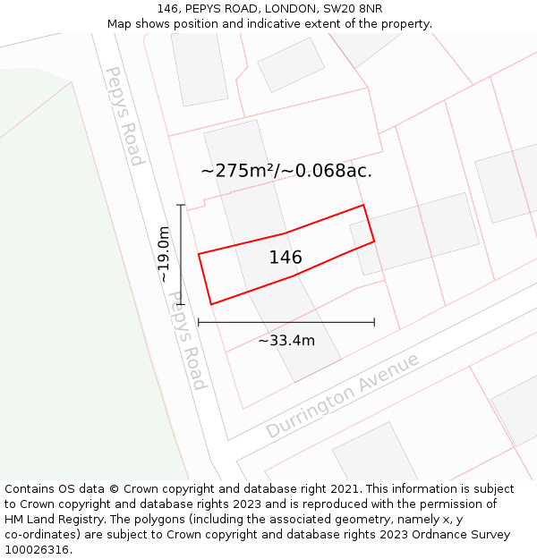 146, PEPYS ROAD, LONDON, SW20 8NR: Plot and title map