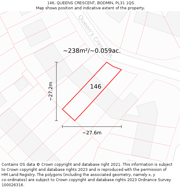 146, QUEENS CRESCENT, BODMIN, PL31 1QS: Plot and title map