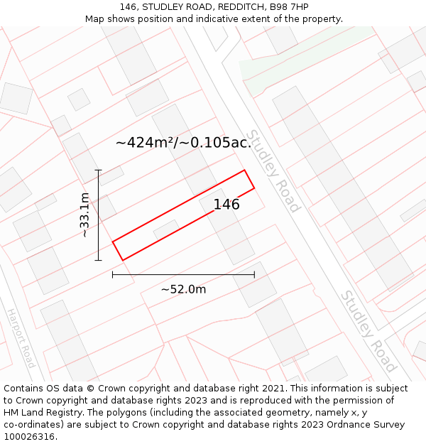 146, STUDLEY ROAD, REDDITCH, B98 7HP: Plot and title map