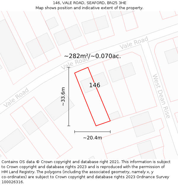 146, VALE ROAD, SEAFORD, BN25 3HE: Plot and title map