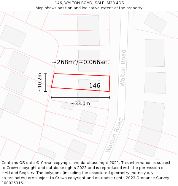 146, WALTON ROAD, SALE, M33 4DS: Plot and title map