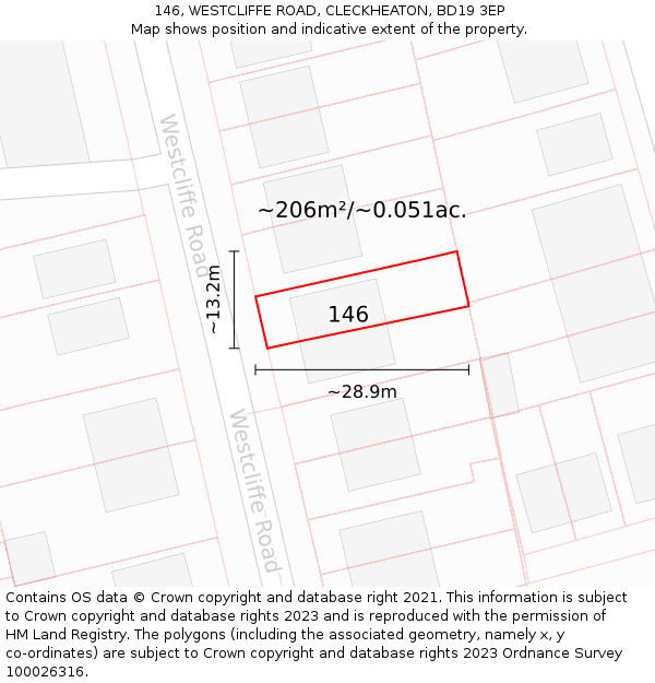 146, WESTCLIFFE ROAD, CLECKHEATON, BD19 3EP: Plot and title map